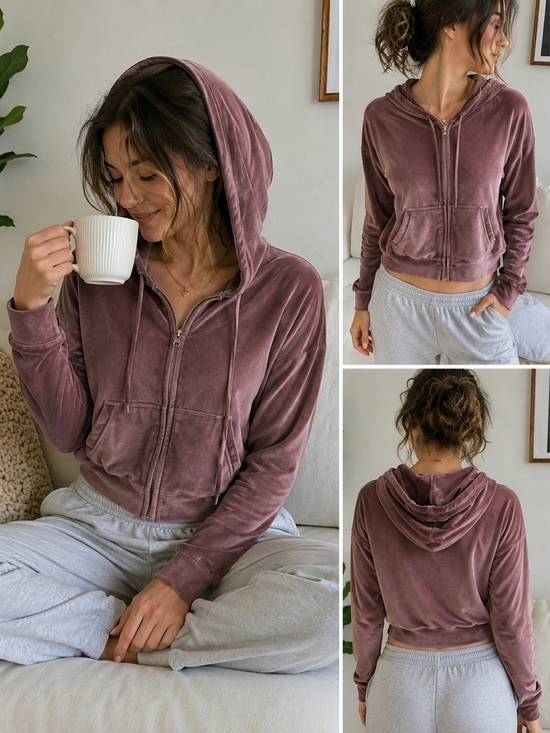 Bluenotes Tops - Bluenotes Velour Zip Hoodie Mauve Pink Cropped Soft Velvet Feel Size L
